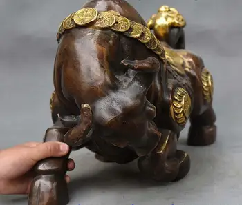 14 Kitajska FengShui Pozlačenega Brona, Bogastvo Cai Kovanec Močno Zodiak Taurus Ox Stojalo Kip