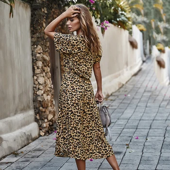 EVERAFTER Letnik leopard tiskanja obleka ženske proti-vrat sashes kratek rokav gumb počitnice sundress priložnostne ženski maxi obleke poletje