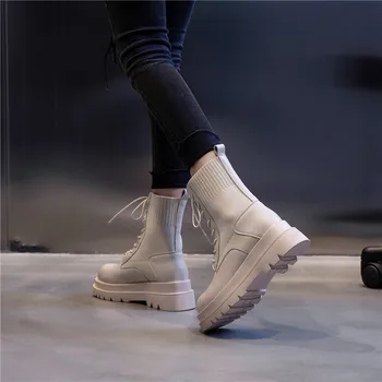 Ženske Škornji 2020 Nove Jesensko Zimske Britanski Stil Debelo Dno Martin Škornji Ženske Nogavice Srednje Cevi Usnjene Čevlje Moda