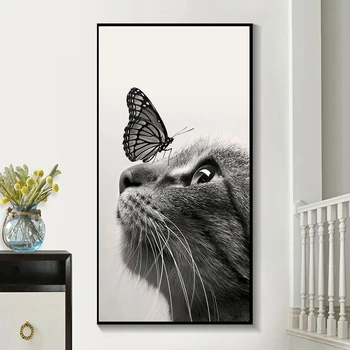 Nordijska Plakatov in Fotografij Črno-Bele Mačke in Metulj Wall Art Slike Dekoracijo Sliko Platno Slikarstvo za dnevno Sobo