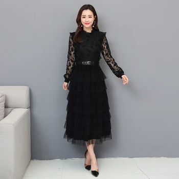 Jeseni In Pozimi Moda Poln Rokav Črne Čipke Ženske Obleke Čiste Midi Mozaik Žogo Obleke Eleganten Casual Obleke 2019 Korejski