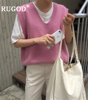 RUGOD Priložnostne plesti brez rokavov jopica telovnik korejski elegantna Proti-vrat trdna mehko ženski puloverji 2019 Moda auturm roza puloverji vrhovi