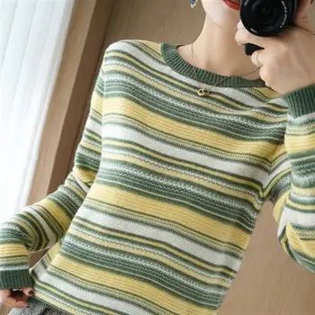 100.00 kg lahko nosite mavrični pulover ženske svoboden korejski jakno velikosti prugasta dolg rokav zunanji znanja pulover