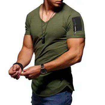 Poletje kratka sleeved zadrgo športna majica s kratkimi rokavi Moški Priložnostne V Vratu Moda Bodybulding T-Shirt Mens Fitnes Ulične Tees Vrhovi