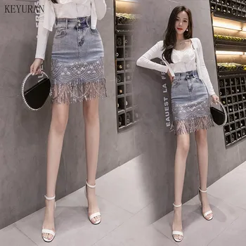 Poletje Korejski Seksi Žensk Jeansa Mini Kratka Krila Paket Hip Jeans, Moda Beading Visoko Pasu Sequined Tassel Krilo Femme 2020