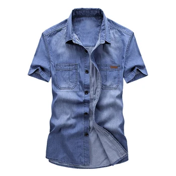 Poletje Traper Majica Moški 2020 Nove Bombaž Oprati Modra Kratek Rokav Kavboj Majica Moška Oblačila Blagovne Znamke