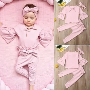 Sladko princesa obleko Baby Dekle roza Oblačila, ki Sežgati Rokav Vrhovi+Hlače +Glavo 3PCS bombaž Obleko