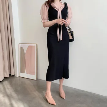 Poletje V Vratu Enodelno Obleko Ženske 2020 Korejski Kratek Rokav Pasu Slim Midi Dress Vintage Priložnostne Svoboden Trak Obleko, Plašč Ženski