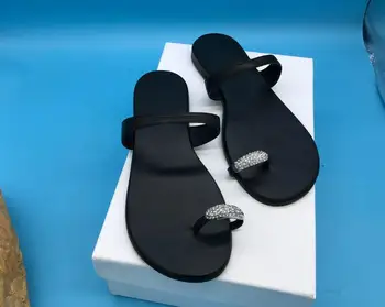 Kaeve Črne Čevlje Pravo Usnje Ženske Crystal Design Copate Sandali Kravjega Usnja Flip Flops Brezplačno Pošiljanje 2019 Dame Ravno Čevlji