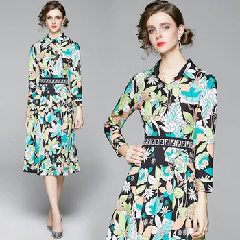 Design Obleko Jeseni Ženske Mode Plus Velikost Eleganten Casual Vintage Obleko Poln Rokav River Natisnjeni Midi Luksuzni Stranke Obleke