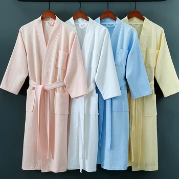 Bombaž Poletje Vaflji Kopalni Plašč Dolgo Hišna Obleke Kimono Moških Kopel Haljo Plus Velikost Ženske Noč Obleka Za Družico Sleepwear