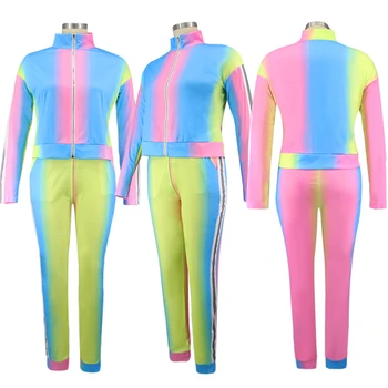 Plus Velikost X-5XL Trenirko Rainbow Barva Ženske Priložnostne Dva Kosa iz Dolgimi Rokavi, Zadrgo Jakna + Svinčnik Hlače Priložnostne Obleke