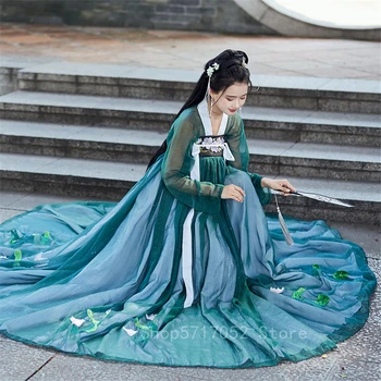 Hanfu Ženske Ples Kostum Princesa Obleko Dekle Krila Kitajski Tradicionalni Cvetlični Vezene Nastavite Velike Swing Fazi Festival Obleke