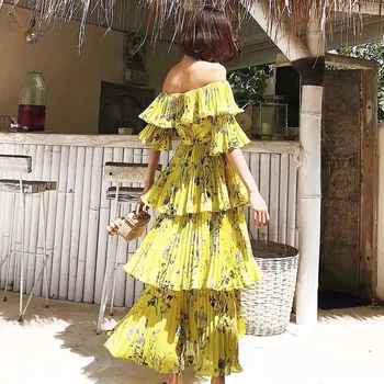 Novo poševnica vratu ženska obleka rumena cvjetnim tiskanja letnik poletni plaži nabrano obleko maxi vzletno-pristajalne steze kaskadne ruffle vestidos bodycon