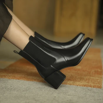 ISNOM Novo Pravega Usnja Chelsea Gleženj Škornji Debele Visoke Pete Kvadratni Toe Modnih ženskih Čevljev, Jeseni, Pozimi Škornji 2020