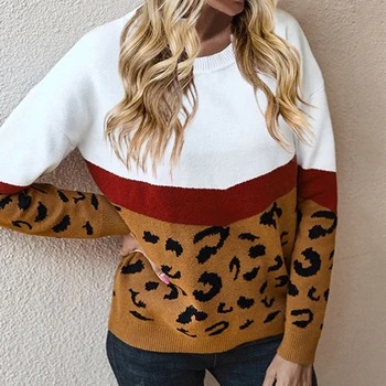Adisputent Leopard Moda Mozaik Jeseni, Pozimi 2020 Ženski Pleteni Pulover Ženske, O-vratu Poln Rokav Skakalec Puloverji Vrh