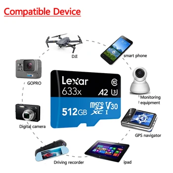 Lexar 633x micro sd 32GB 64GB 128GB 256GB SDXC/SDHC Flash Pomnilniško Kartico 512GBTF Kartico za Gopro/DJI/Nintendo/pametni stikalo