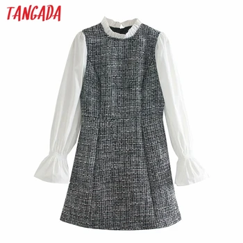 Tangada Moda za Ženske Mozaik Kariran Tweed Obleko 2020 Nov Prihod Dolg Rokav Dame Tunika Mini Obleka Vestidos 6P33