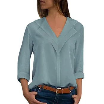 HiloRill Ženske Bluze 2020 Trdna Dolg Rokav Šifon Bluzo Srčkan Dvojnim Proti-vrat Bluzo Majica Urad Majica Vrhovi Srajca Femme