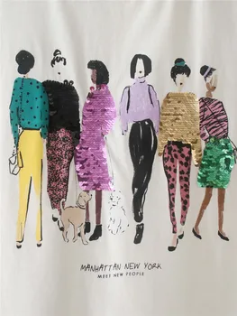 2020 Poletje Moda Dekleta Tiskanja Sequined Za Bombaž Žensk Tshirts Ženski Priložnostne Dolg Rokav O-vratu Harajuku Slog Mehko Vrhovi