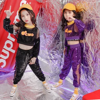 Otroci sequins hip hop odrezana oblačila vrhovi priložnostne hlače za dekleta jazz dvorana plesne kostume fazi ples obrabe