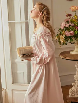 Vintage Mehko Bombažno Žensk Dolgo Nightgowns Vezenje Dolg Rokav Elegantno Jesen Pomlad Princesa Elegantno Svoboden Dolgo More