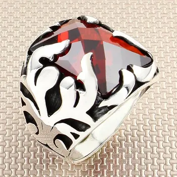 Sodobna Pravokotnik Rdeče Cirkon Kamen Moških Srebrni Prstan S Simetrično Motiv Narejen v Turčiji Trdna 925 Sterling Silver