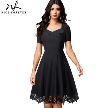 Lepo-vedno Elegantno Vezenje Črne Čipke Obleke Kratek Rokav Swing Flare Ženske obleke btyA032