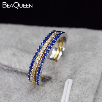 BeaQueen Nov Modni 3 KOS Mix-barve Royal Modra Kubičnih Cirkon Obroči CZ Ženske Poroko Pasovih Ring Set za Engegament Stranka R003