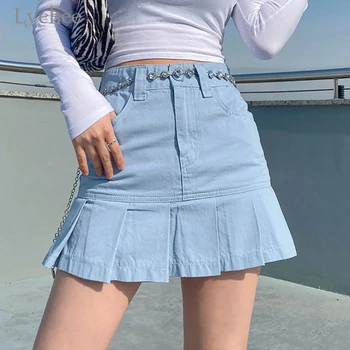 Liči Harajuku Ženske, Modro Bodycon Krilo s Pocket Ženski Poletje Moda Mini Krilo Seksi Dame Visoko Pasu Nabrano Krilo