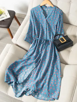 SuyaDream Ženska Dolgo Obleko Svile Krep DOT Tiskanja 3/4 Rokavi Sashes francoski Shirt Obleko 2021 Pomlad Elegantno Modro Obleke