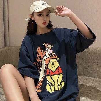 2020 Disney Risanke Bombaž Poletje Winnie The Pooh in Tigger Žensk srednjih let je T-shirt Harajuku Majica korejski Obleki Ženske Kratke