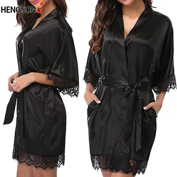 2021 Nove Ženske, Ženske Sleepwear Čipke Pol Rokav Nightgowns Imitacije Ledu Svile Sleepwear Ženske Noč Obleke S Pasom
