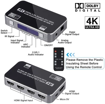 4x1 HDMI Audio Extractor Stereo Extractor Pretvornik 4K HDMI na HDMI, Optični SPDIF TOSLINK + 3.5 mm HDMI Audio Splitter Adapter