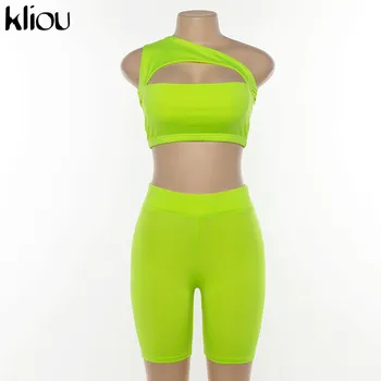 Kliou 2019 poletje ženske, neon barve dveh kosov, set off ramenski votlih iz obreži zgoraj elastična visoko pasu hlače obleči trenirko