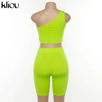 Kliou 2019 poletje ženske, neon barve dveh kosov, set off ramenski votlih iz obreži zgoraj elastična visoko pasu hlače obleči trenirko