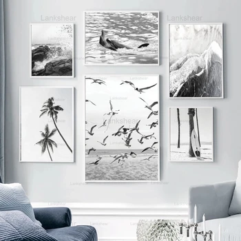 Črno Bele Krajine Morje, Plaža Galeb Drevo Wall Art Platno Slikarstvo Nordijska HD Plakatov in Fotografij Slike za Dekoracijo Doma