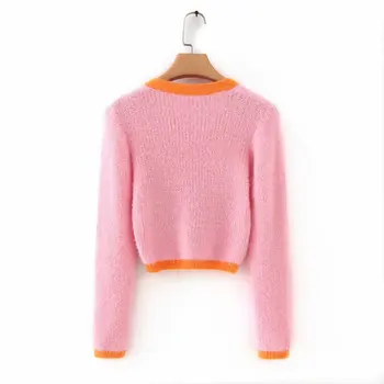 Roza jopico ženske puloverji korejski rastlinske puloverji jeseni vrhovi dolg rokav v vratu kratek izrez jopico moher pulover padec 2019