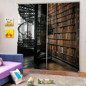 Morden rjava bookself zavese 3D Oknu, Zavese Za dnevno Sobo, pisarno Spalnica 3d stereoskopski zavese