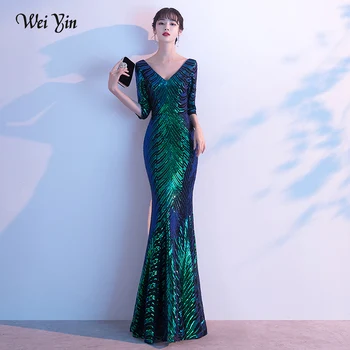 Wei yin AE0241 Večerno Obleko Dolgo, Bleščeče Nove Zelene V-Neck Ženske Elegantne Bleščica morska deklica Maxi Večer Stranka Obleko Obleke