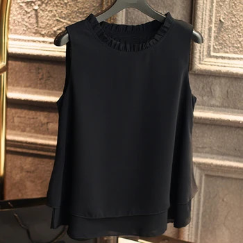 2021 Poletje Nov Modni Dvojno plast Ženske Šifon bluzo Ogrlicom ovratnika bluze Svoboden brez rokavov Šifon srajce,Brezplačna dostava