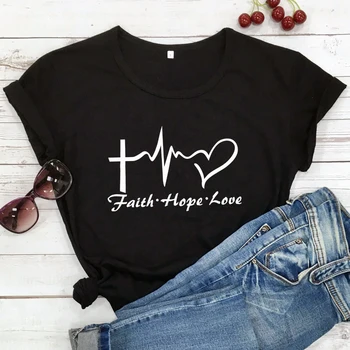 Vera, Upanje, Ljubezen srčni Utrip T-shirt Visoke Kakovosti Krščanske Cerkve Tshirt Lepe Ženske Grafični Inspirativno Ponudbo Vrh Tee Majica