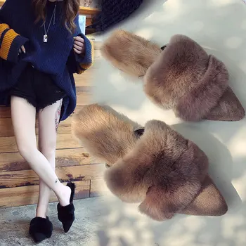 2018 pozimi novo korejska različica zajec lase opozoril Baotou ravnim dnom semi prikolico ženski modni moden nositi copate volne