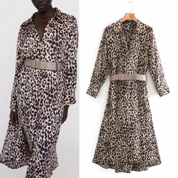 Moda Kontrast Pasu Leopard Satenasto Obleko Za Ženske Do Leta 2020 Letnik Živali Tiskanja Dolg Rokav Midi Obleka Ženska Gumb Elegantne Obleke