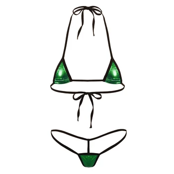 Ženska Bleščeče Kovinsko Mini Bikini Erotično Perilo Nastavite Povodcem Vratu Kravato-na Modrc Top z G-String Tangice Bikini Komplet Seksi Kostumi