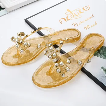 Nov slog zakovice lok flip-flops, pearl oranžna pregleden ženska na plaži sandali in natikači jelly čevlji