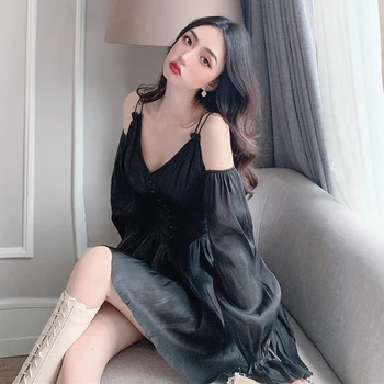 Nov Poletni Gothic Girl Oblačenja 2020 Off Rami Proti-vrat Seksi Ženske Obleke z Dolgimi Rokavi Visoko Pasu Backless Vestido