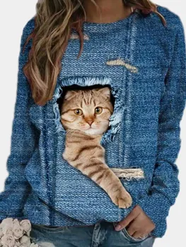 Pomlad Priložnostne O-Vratu Risanke Mačka Prugasta Dolgimi Rokavi Ženske T-Shirt Jeseni Plus Velikost Modra Barva Puloverju Svoboden Vrhovi
