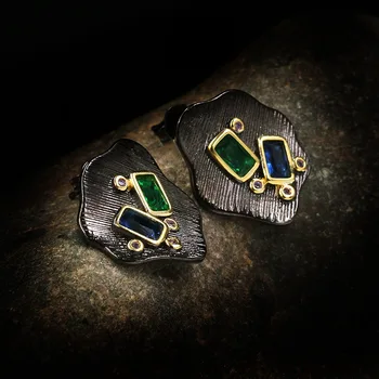 Luksuzni 925 Sterling Srebro Geometrijske Gemstone Smaragdno Uhani Retro Starinsko Dekoracijo Afriški Nakit darilo