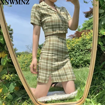 XNWMNZ Kariran Poletje bluzo ženske letnik rastlinske majica ulične kariran dame vrhovi elegantno gumb gor majico korejski obreži zgoraj 2020 za
